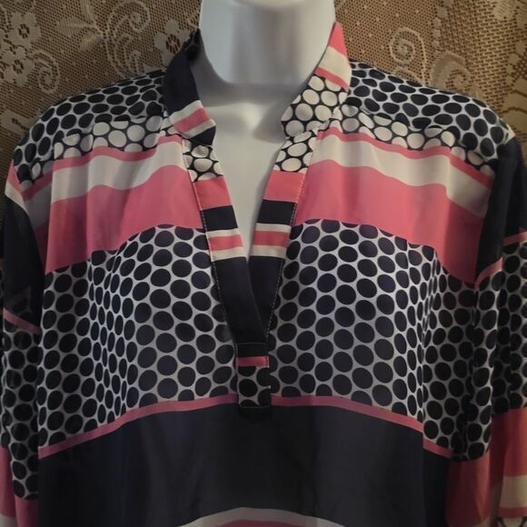 Tacera Women's L Navy White Polka Dor Pink Stripe Adjustable Sleeve Pullover Top - Picture 2 of 11